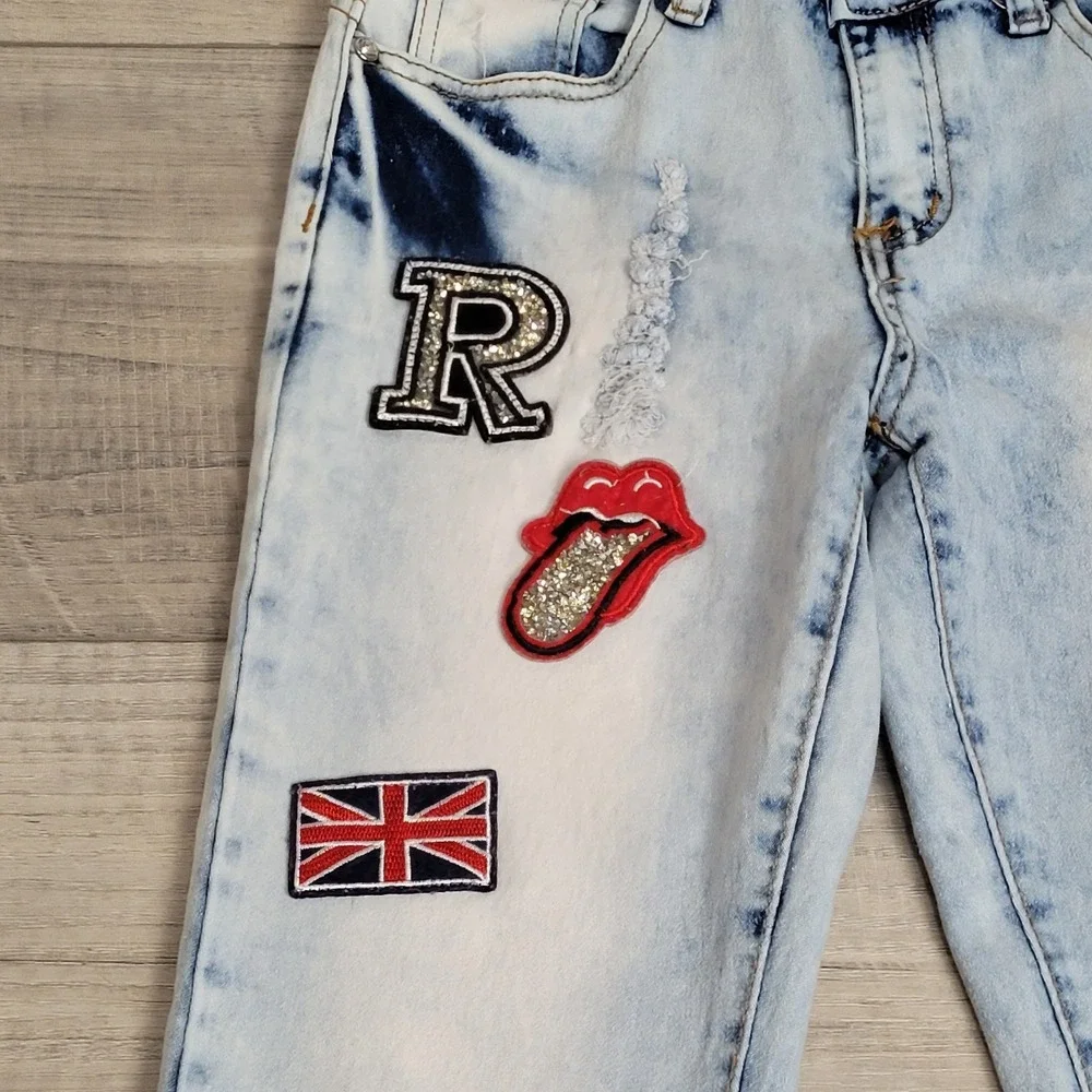 🔥Rebel Love Womens Skinny‎ Jeans 5/6 Distressed Blue Denim Y2K Retro Patches